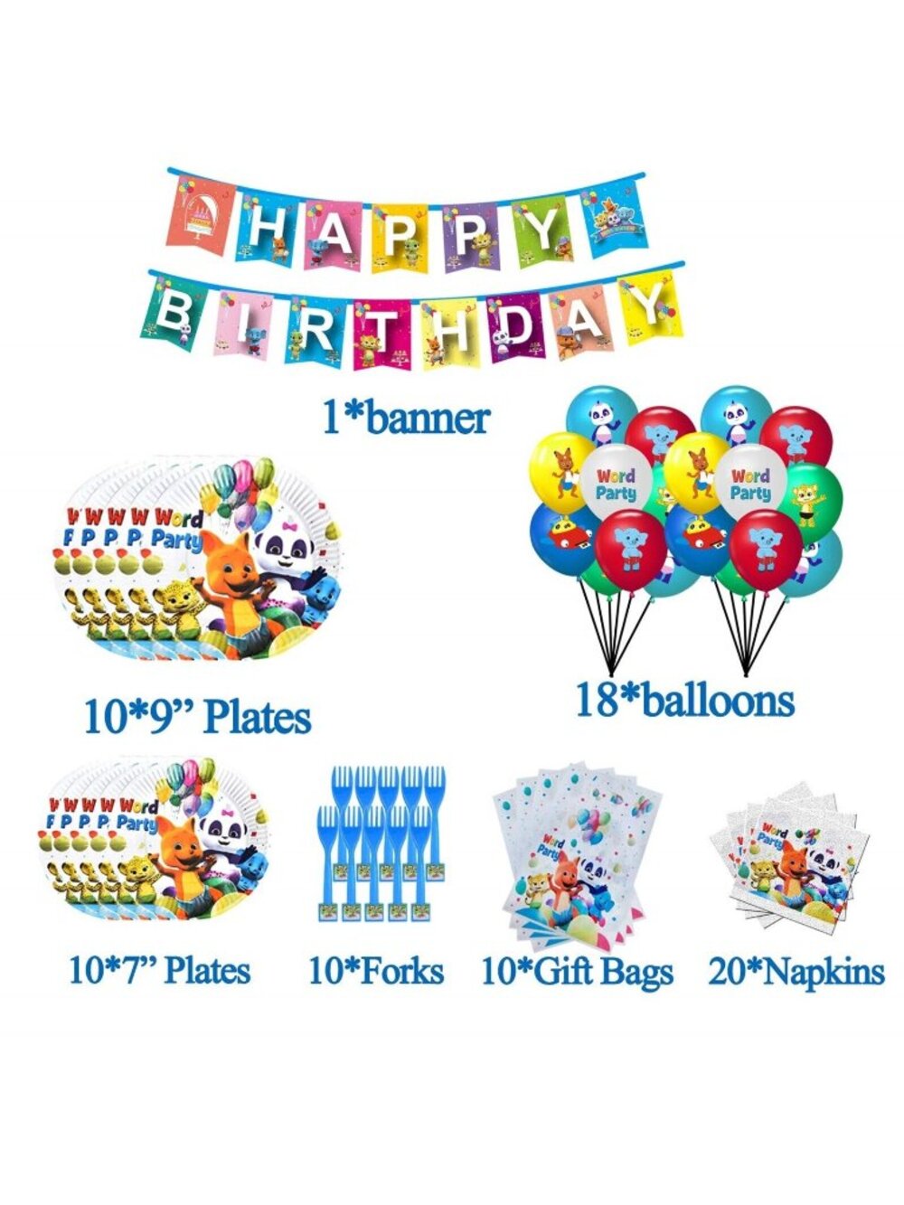 Word Party Decoration Happy Birthday 82 Piece Set Banner Bags Cake Topper